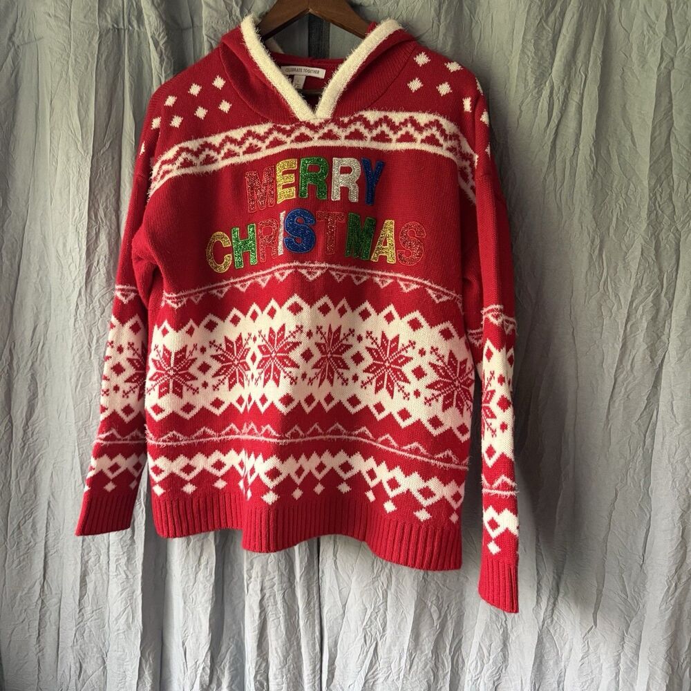 Christmas Ugly Sweater: Celebrate Together Hooded Glitter Graphic Size Large.